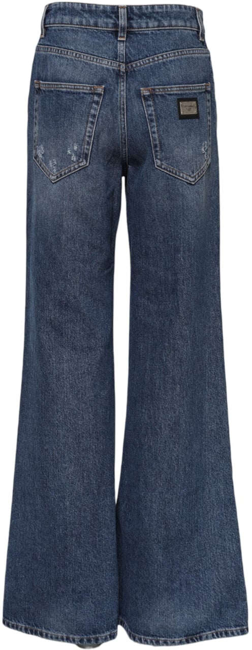 Dolce & Gabbana Blue Cotton Wide Leg Tattered Denim Jeans Blauw