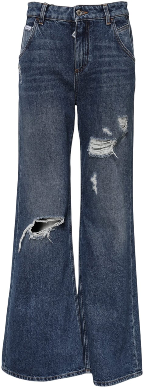 Dolce & Gabbana Blue Cotton Wide Leg Tattered Denim Jeans Blauw