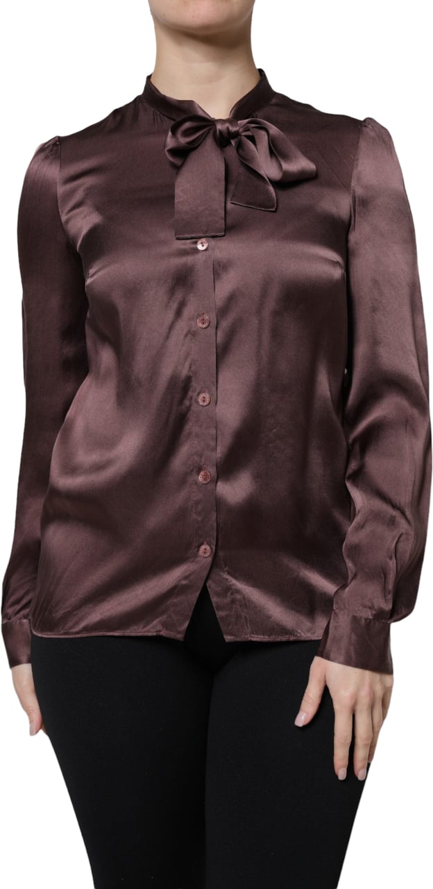 Dolce & Gabbana Brown Ascot Collar Long Sleeve Blouse Top Bruin
