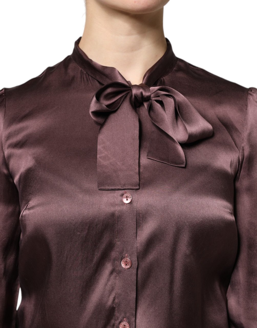 Dolce & Gabbana Brown Ascot Collar Long Sleeve Blouse Top Bruin