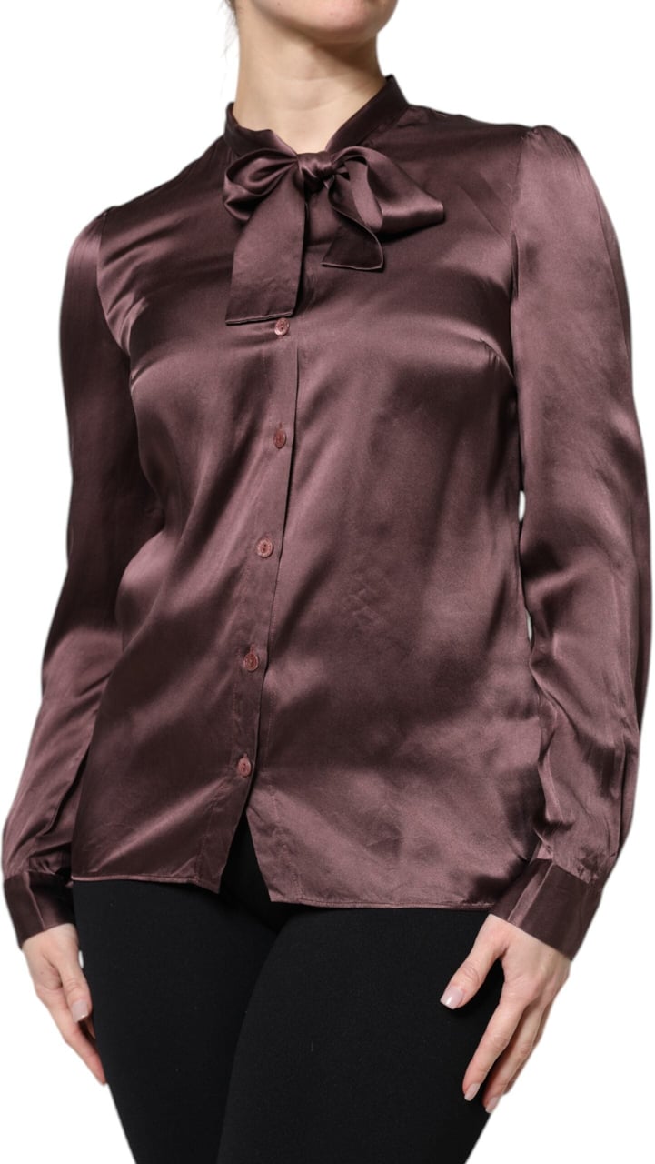 Dolce & Gabbana Brown Ascot Collar Long Sleeve Blouse Top Bruin