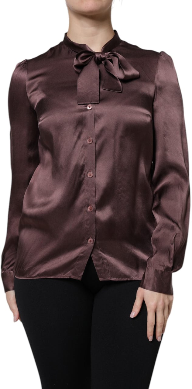 Dolce & Gabbana Brown Ascot Collar Long Sleeve Blouse Top Bruin