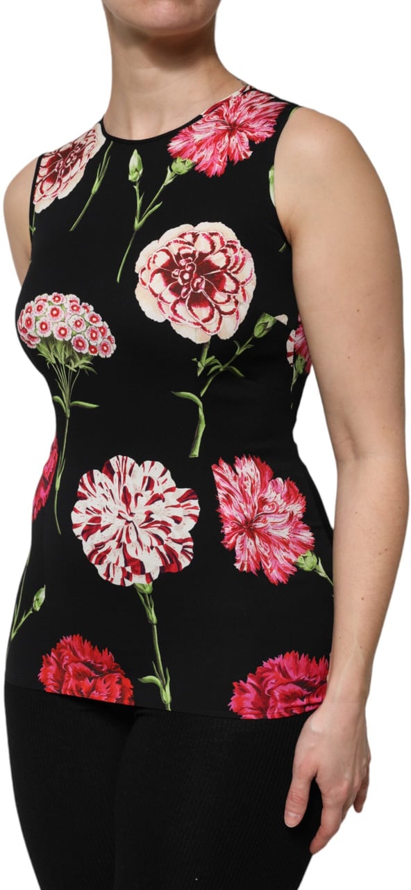 Dolce & Gabbana Black Floral Print Sleeveless Tank Blouse Top Zwart
