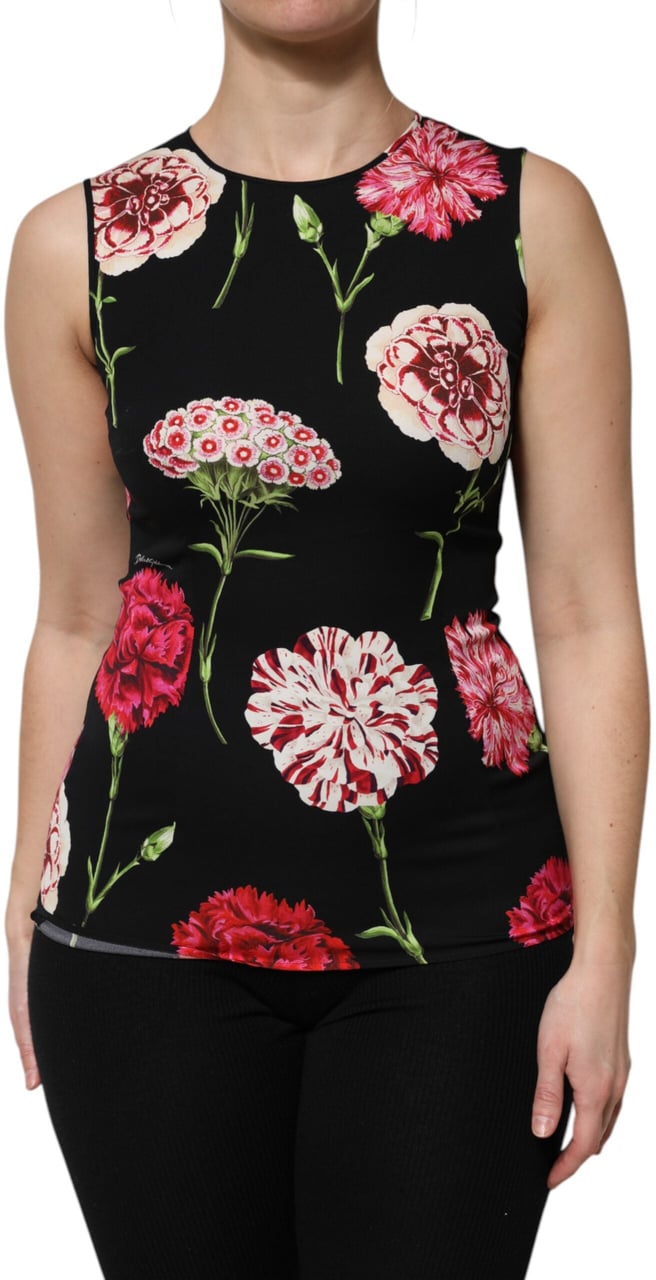 Dolce & Gabbana Black Floral Print Sleeveless Tank Blouse Top Zwart