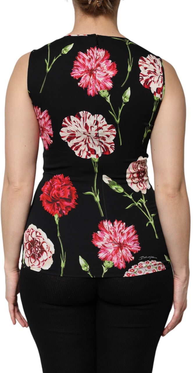 Dolce & Gabbana Black Floral Print Sleeveless Tank Blouse Top Zwart