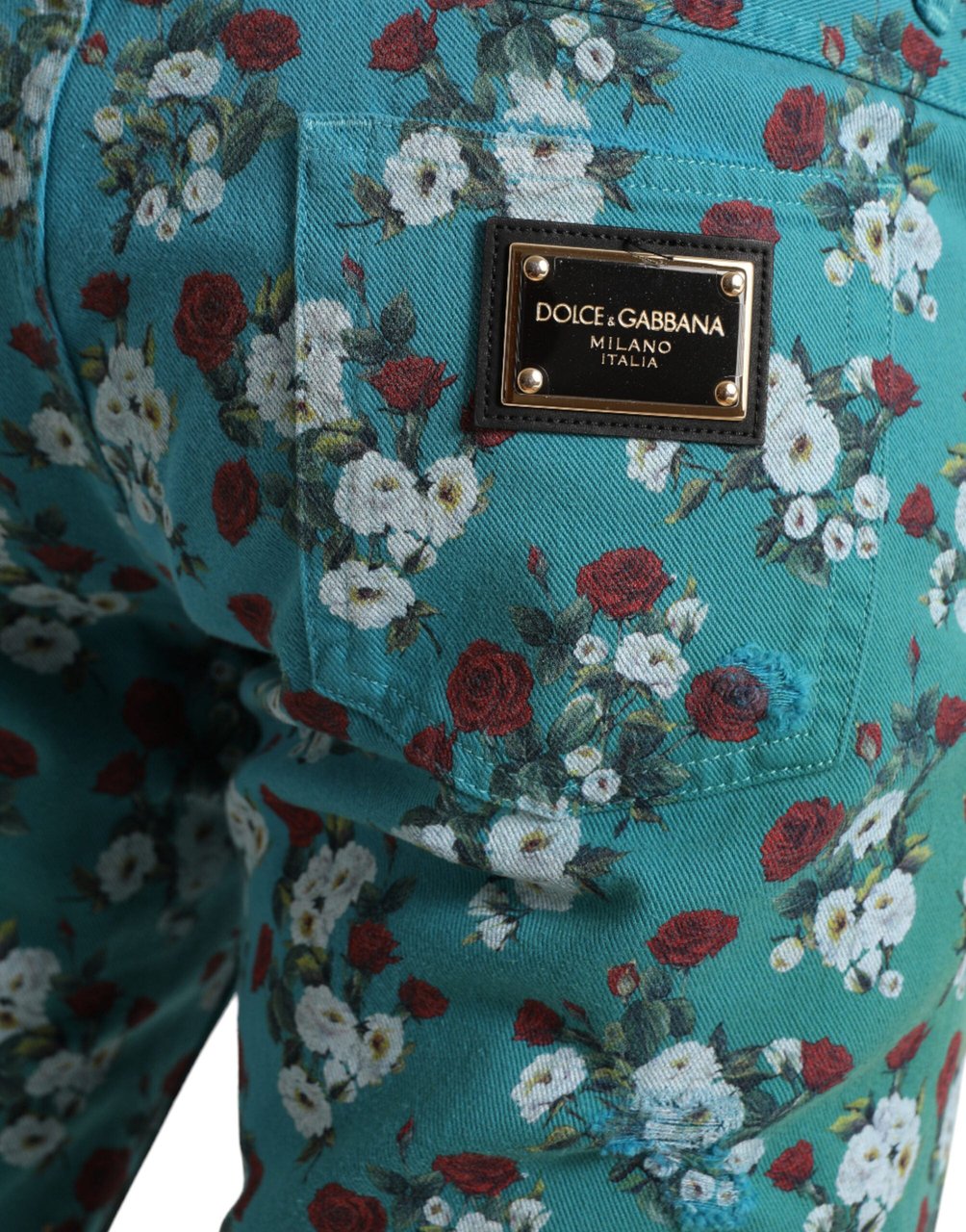 Dolce & Gabbana Blue Floral Print Skinny Cotton Denim Pants Blauw