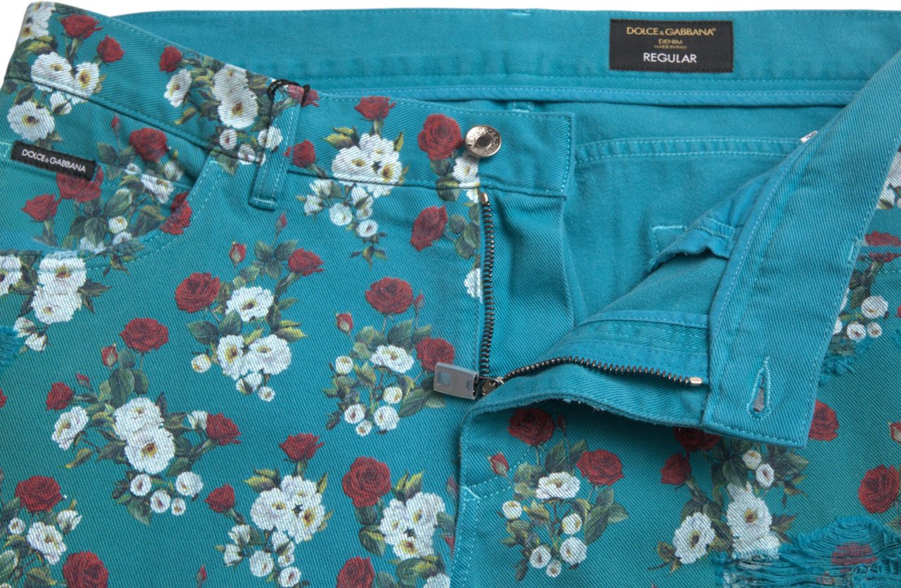 Dolce & Gabbana Blue Floral Print Skinny Cotton Denim Pants Blauw