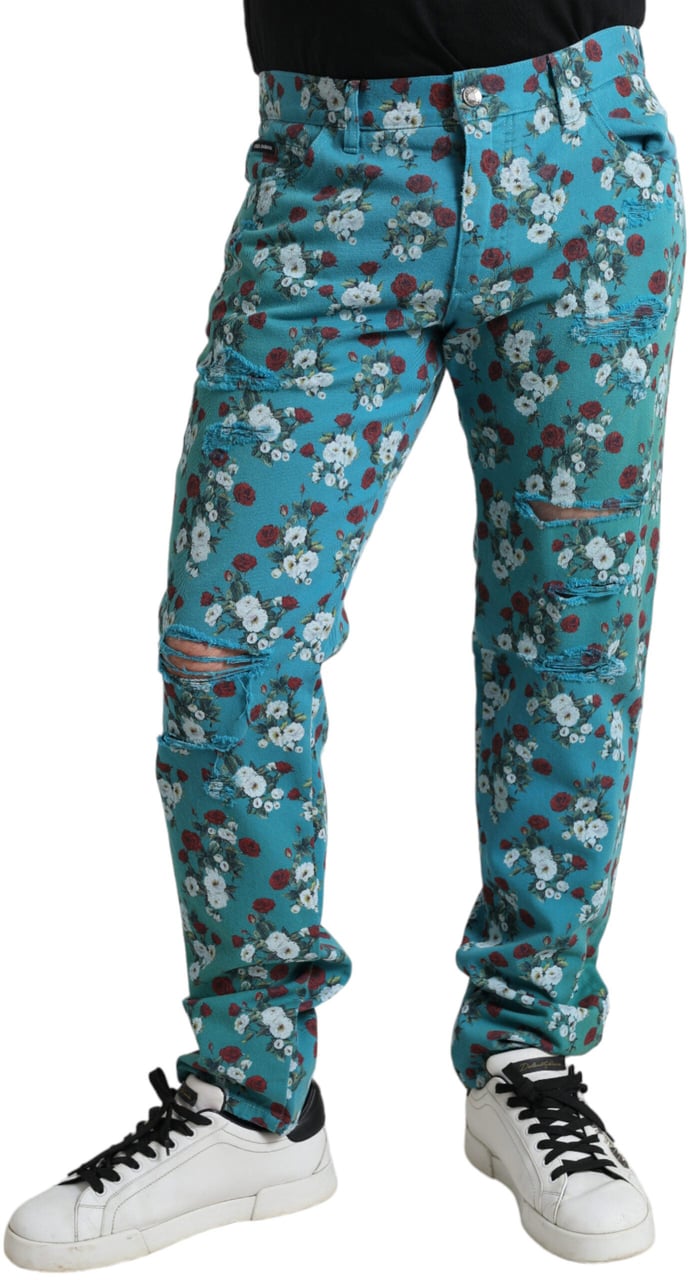 Dolce & Gabbana Blue Floral Print Skinny Cotton Denim Pants Blauw