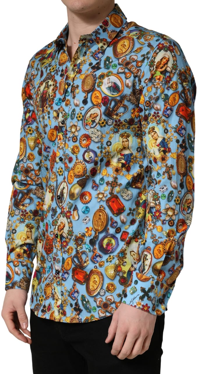 Dolce & Gabbana Blue Cotton Jewel Print Button Down GOLD Shirt Goud