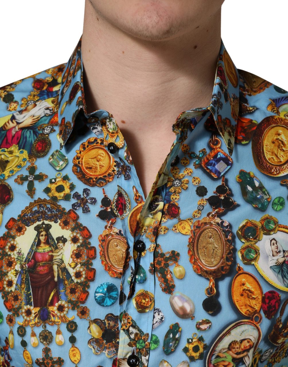 Dolce & Gabbana Blue Cotton Jewel Print Button Down GOLD Shirt Goud
