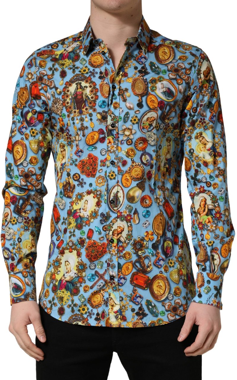 Dolce & Gabbana Blue Cotton Jewel Print Button Down GOLD Shirt Goud