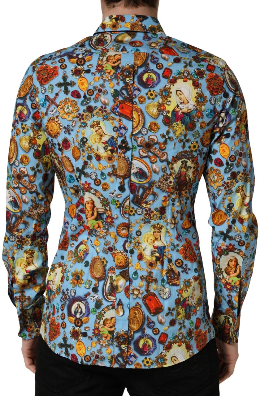 Dolce & Gabbana Blue Cotton Jewel Print Button Down GOLD Shirt Goud