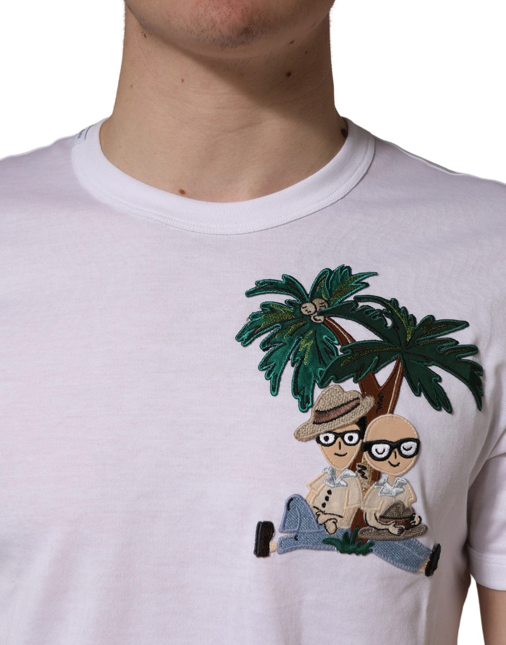 Dolce & Gabbana White Palm Embroidered Men Crew Neck T-shirt Wit