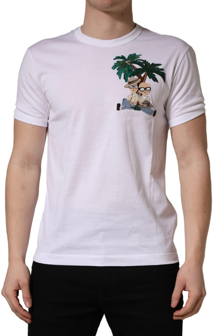 Dolce & Gabbana White Palm Embroidered Men Crew Neck T-shirt Wit
