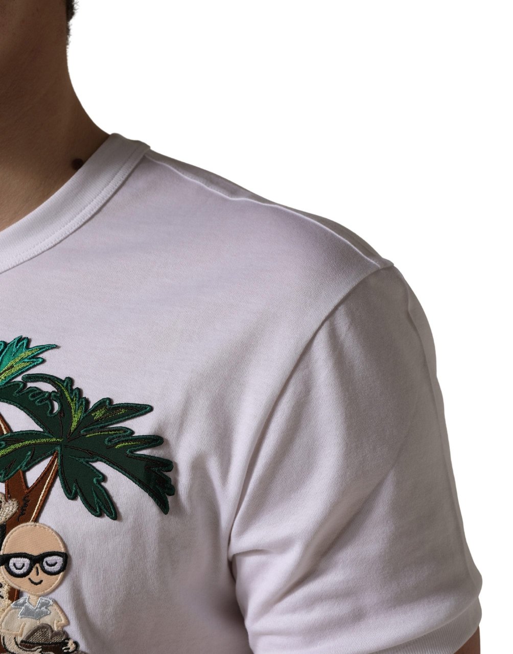 Dolce & Gabbana White Palm Embroidered Men Crew Neck T-shirt Wit