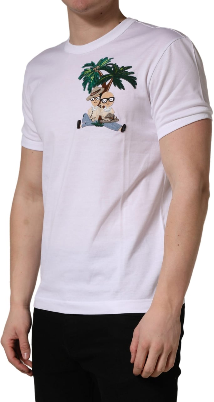 Dolce & Gabbana White Palm Embroidered Men Crew Neck T-shirt Wit