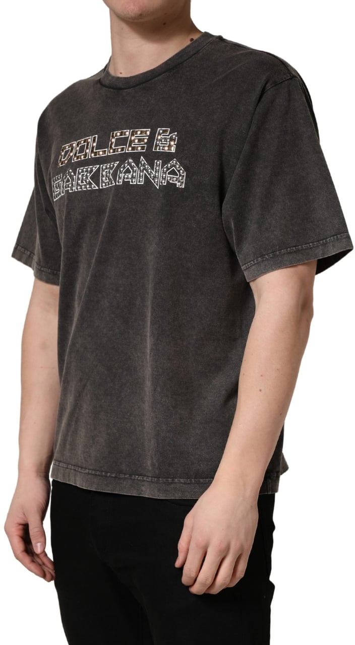 Dolce & Gabbana Gray Logo Embellished Men Crew Neck T-shirt Grijs