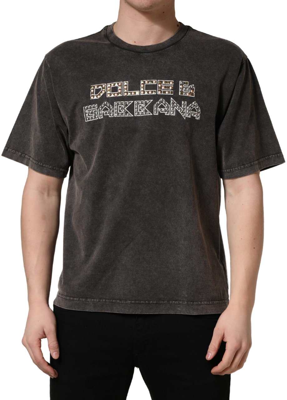 Dolce & Gabbana Gray Logo Embellished Men Crew Neck T-shirt Grijs