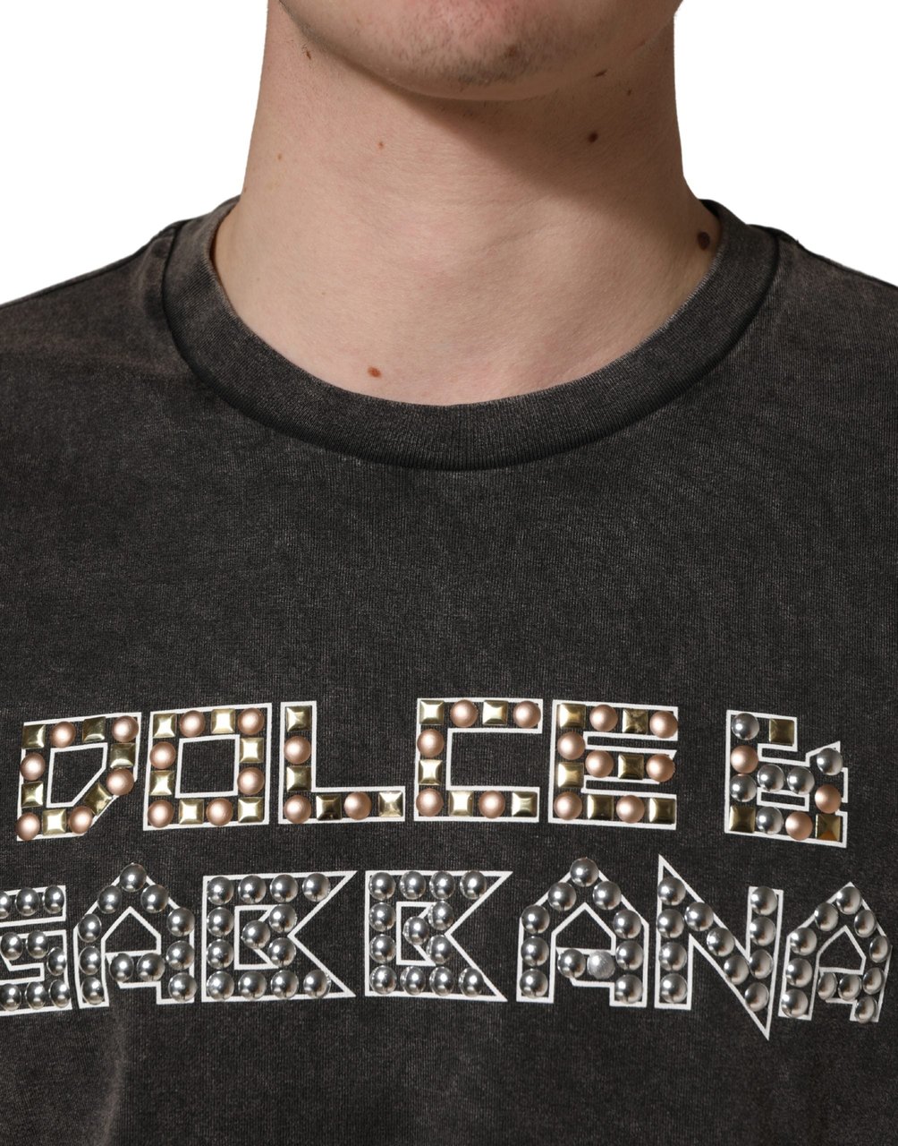 Dolce & Gabbana Gray Logo Embellished Men Crew Neck T-shirt Grijs