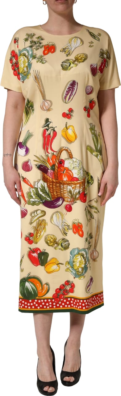 Dolce & Gabbana Beige Fruit PolkaDot Sheath Silk Midi Dress Beige