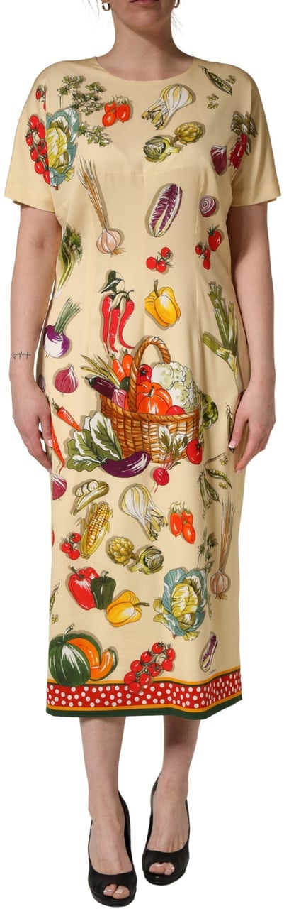 Dolce & Gabbana Beige Fruit PolkaDot Sheath Silk Midi Dress Beige