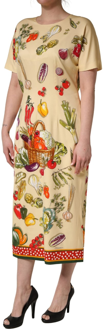 Dolce & Gabbana Beige Fruit PolkaDot Sheath Silk Midi Dress Beige