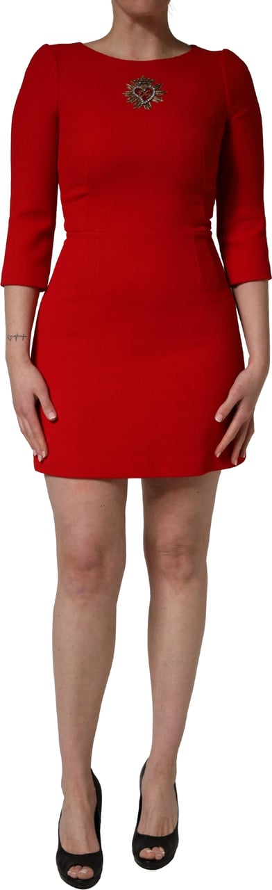 Dolce & Gabbana Red Heart Emmbellished Wool Mini  Dress Rood
