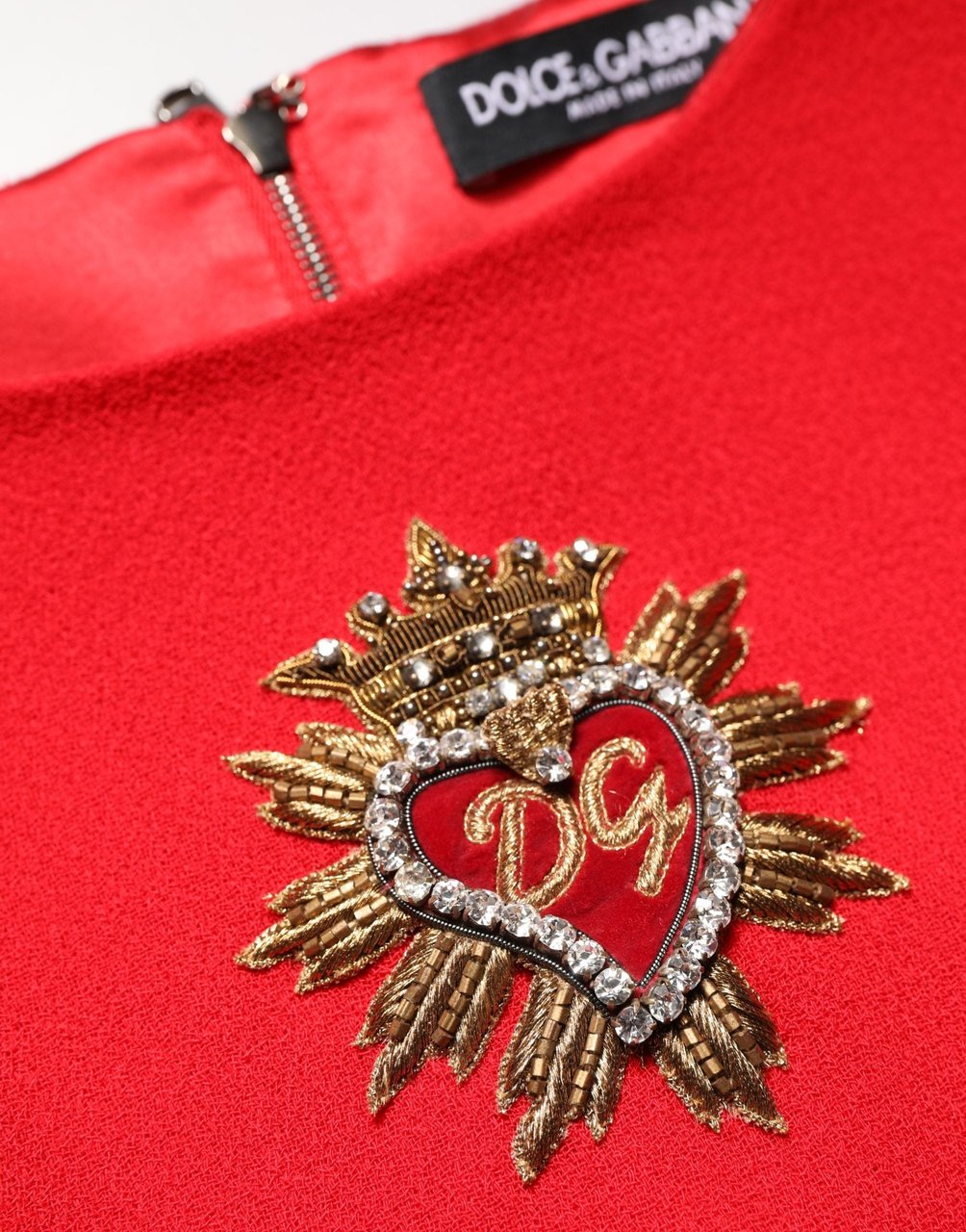Dolce & Gabbana Red Heart Emmbellished Wool Mini  Dress Rood