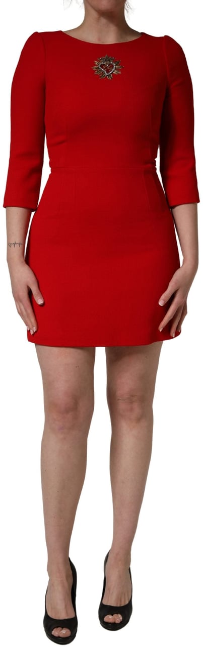 Dolce & Gabbana Red Heart Emmbellished Wool Mini  Dress Rood