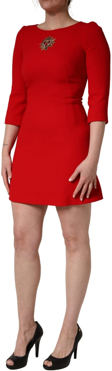 Dolce & Gabbana Red Heart Emmbellished Wool Mini  Dress Rood