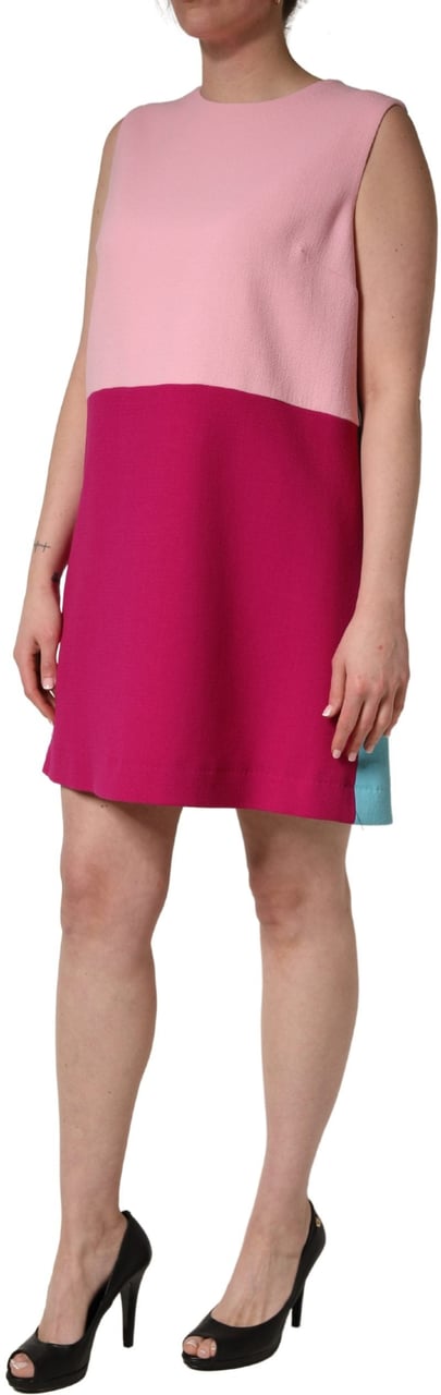 Dolce & Gabbana Pink Blue Wool Sleeveless Shift Mini Dress Divers