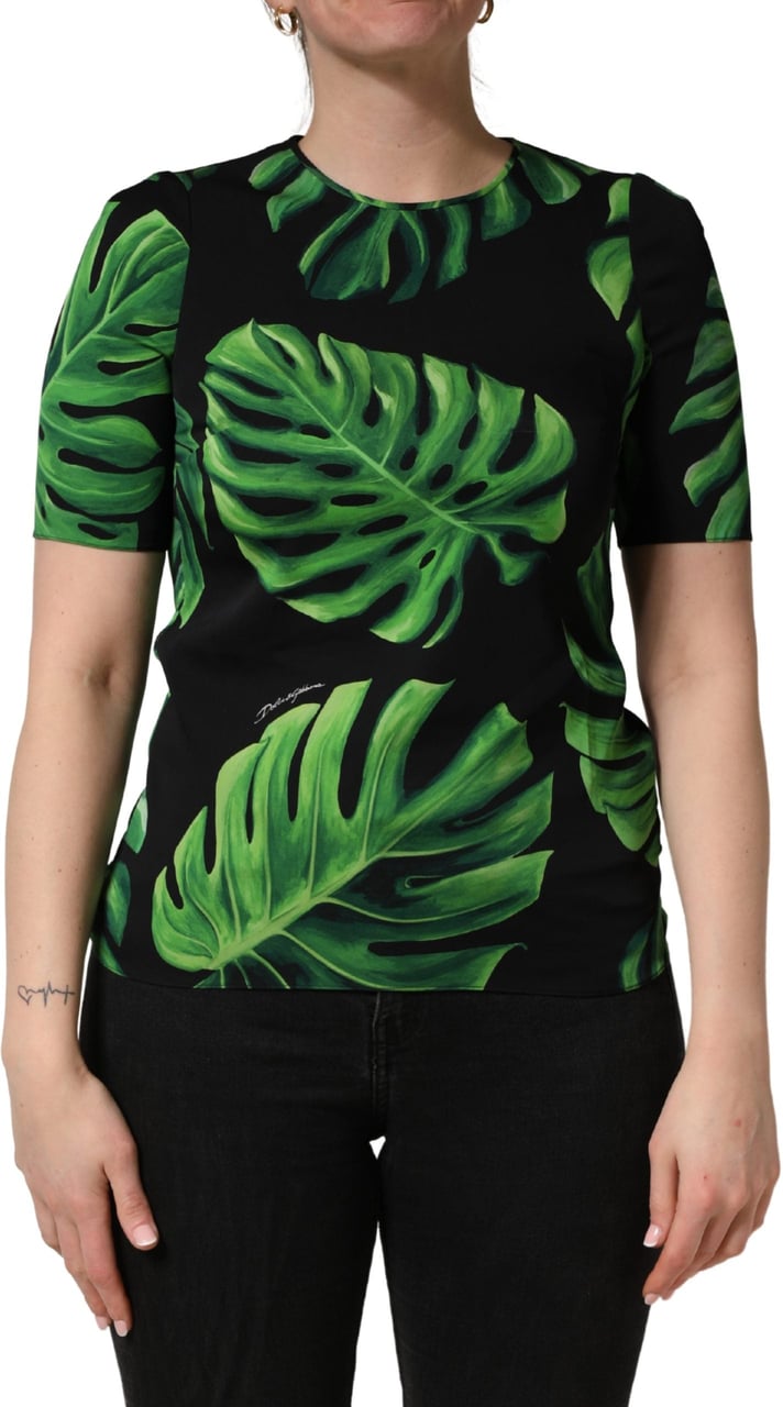 Dolce & Gabbana Black Philodendron Print Silk Blouse Top Zwart