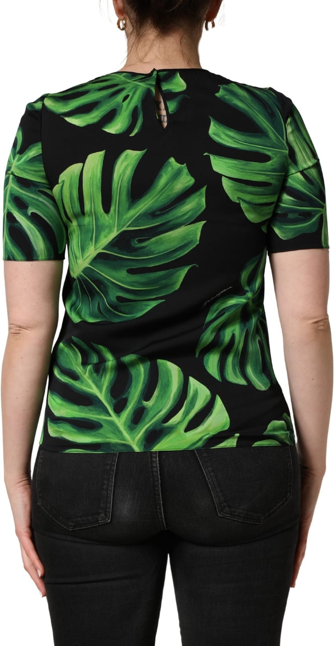 Dolce & Gabbana Black Philodendron Print Silk Blouse Top Zwart