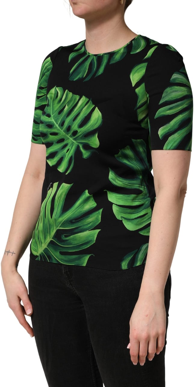 Dolce & Gabbana Black Philodendron Print Silk Blouse Top Zwart