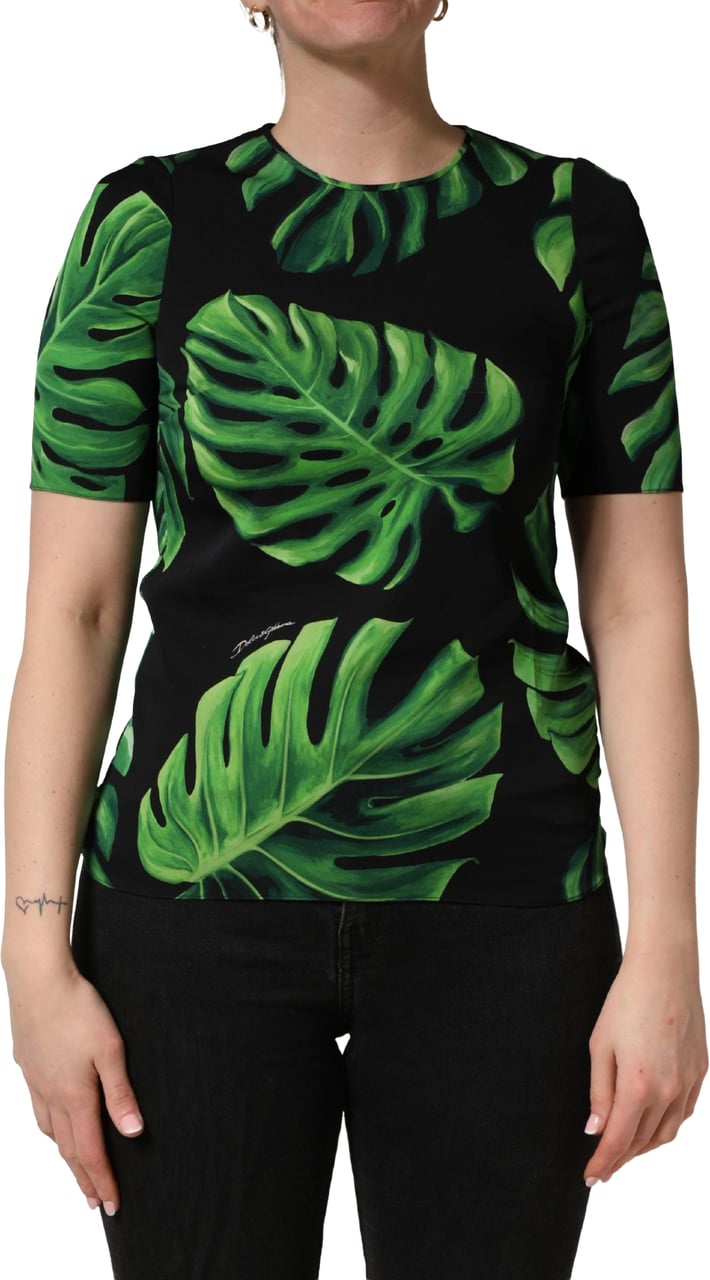 Dolce & Gabbana Black Philodendron Print Silk Blouse Top Zwart