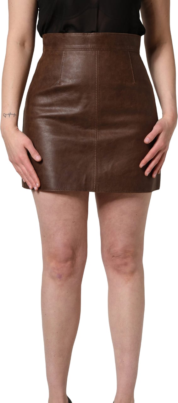 Dolce & Gabbana Brown Leather High Waist Bodycon Mini Skirt Bruin