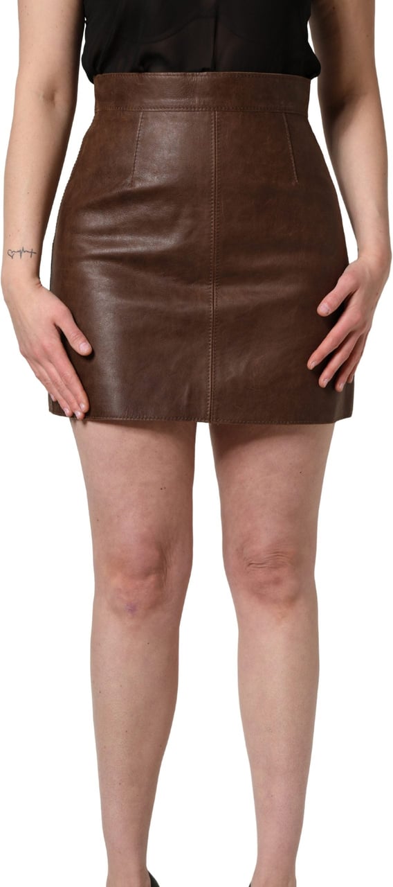 Dolce & Gabbana Brown Leather High Waist Bodycon Mini Skirt Bruin
