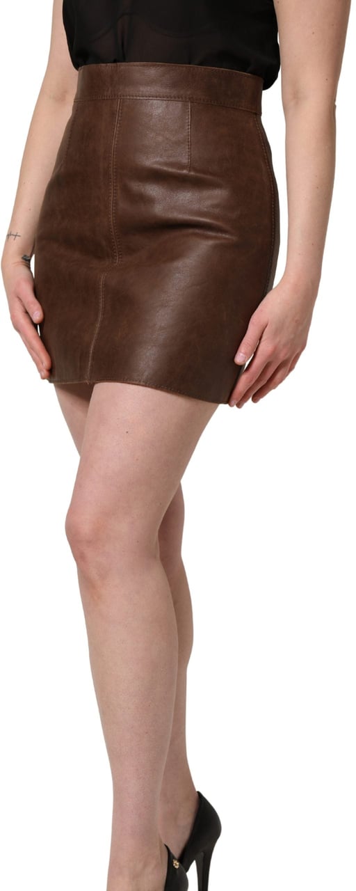 Dolce & Gabbana Brown Leather High Waist Bodycon Mini Skirt Bruin
