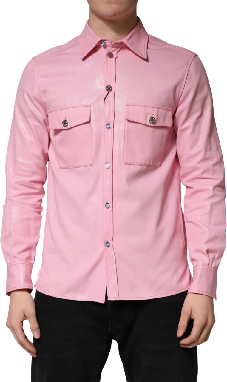 Dolce & Gabbana Pink Cotton Collared Men Button Down Shirt Roze