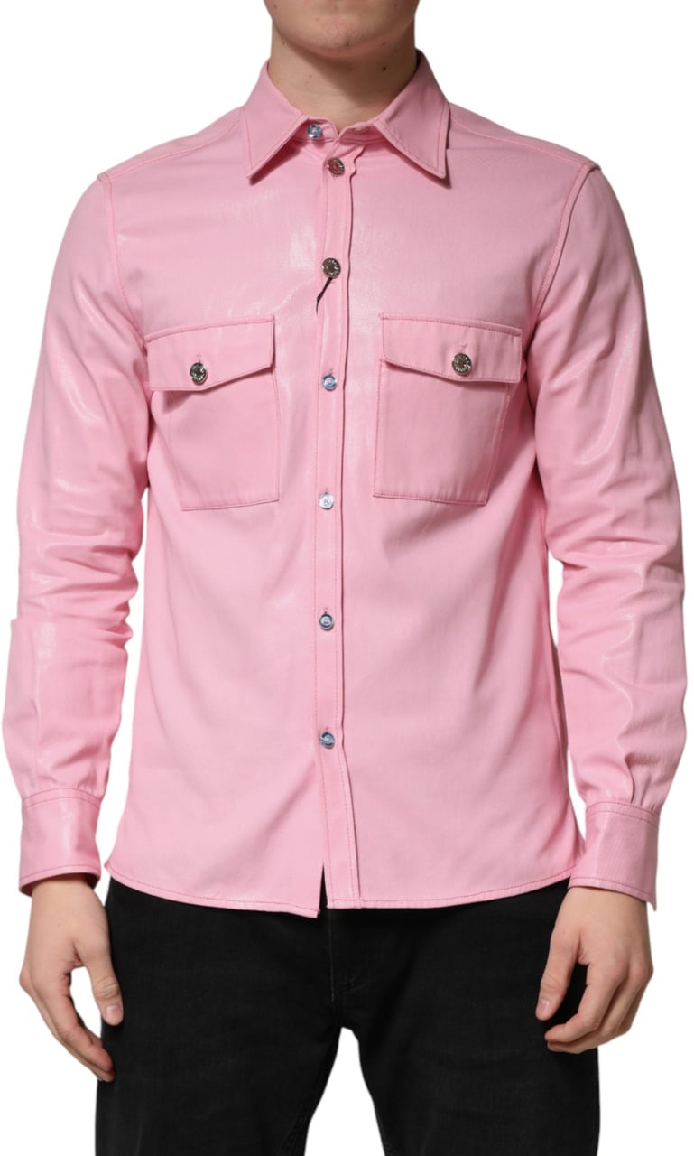 Dolce & Gabbana Pink Cotton Collared Men Button Down Shirt Roze