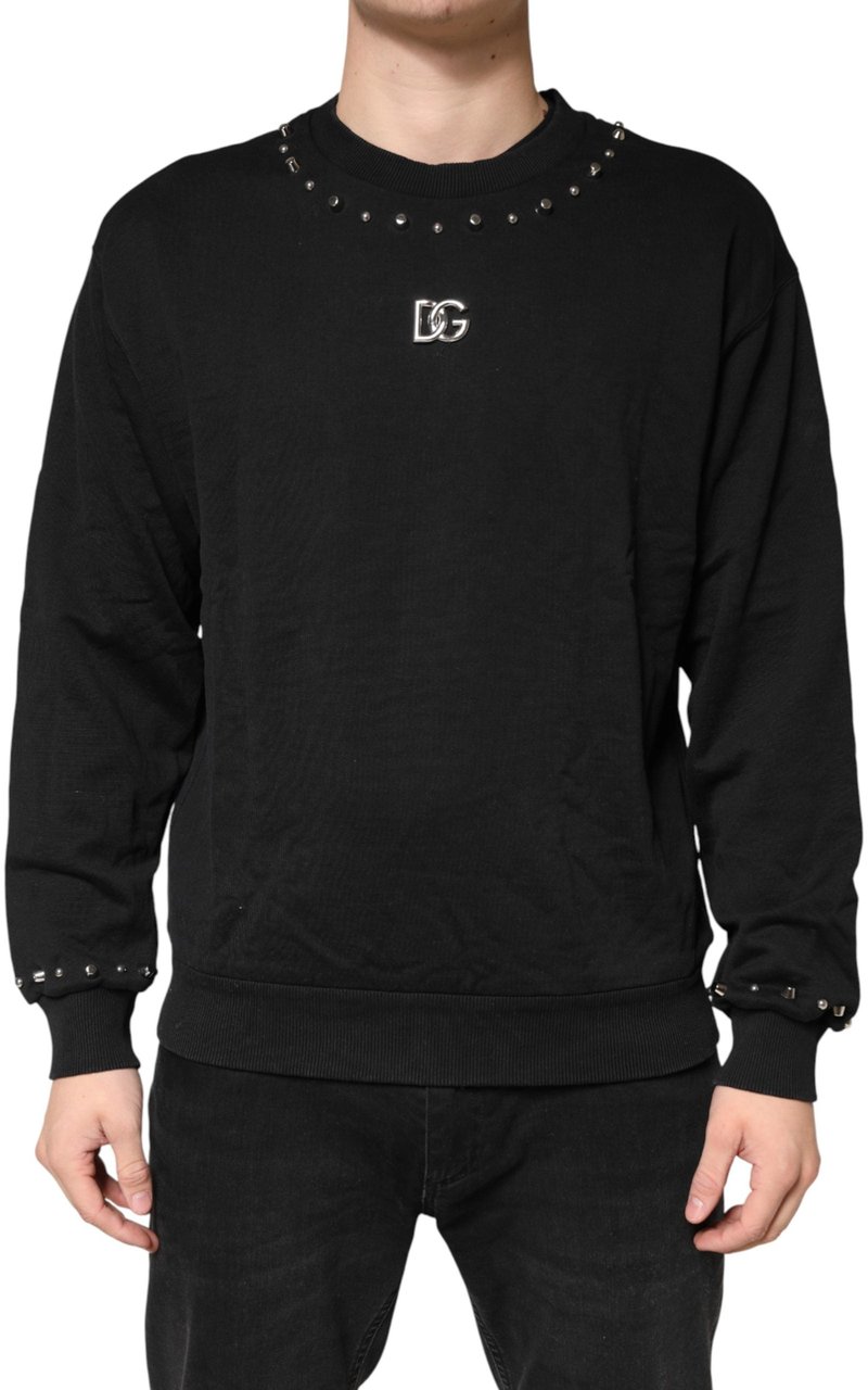 Dolce & Gabbana Black Embellished Cotton Sweatshirt Sweater Zwart