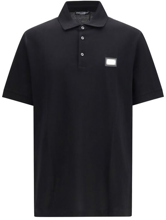 Dolce & Gabbana Black Cotton Piqué Logo Polo Shirt Zwart