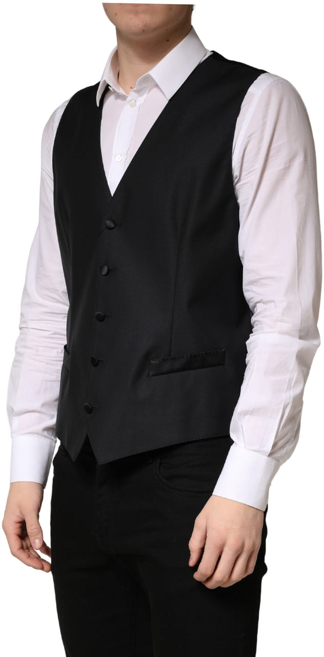 Dolce & Gabbana Black Wool Single Breasted Men Waistcoat Vest Zwart