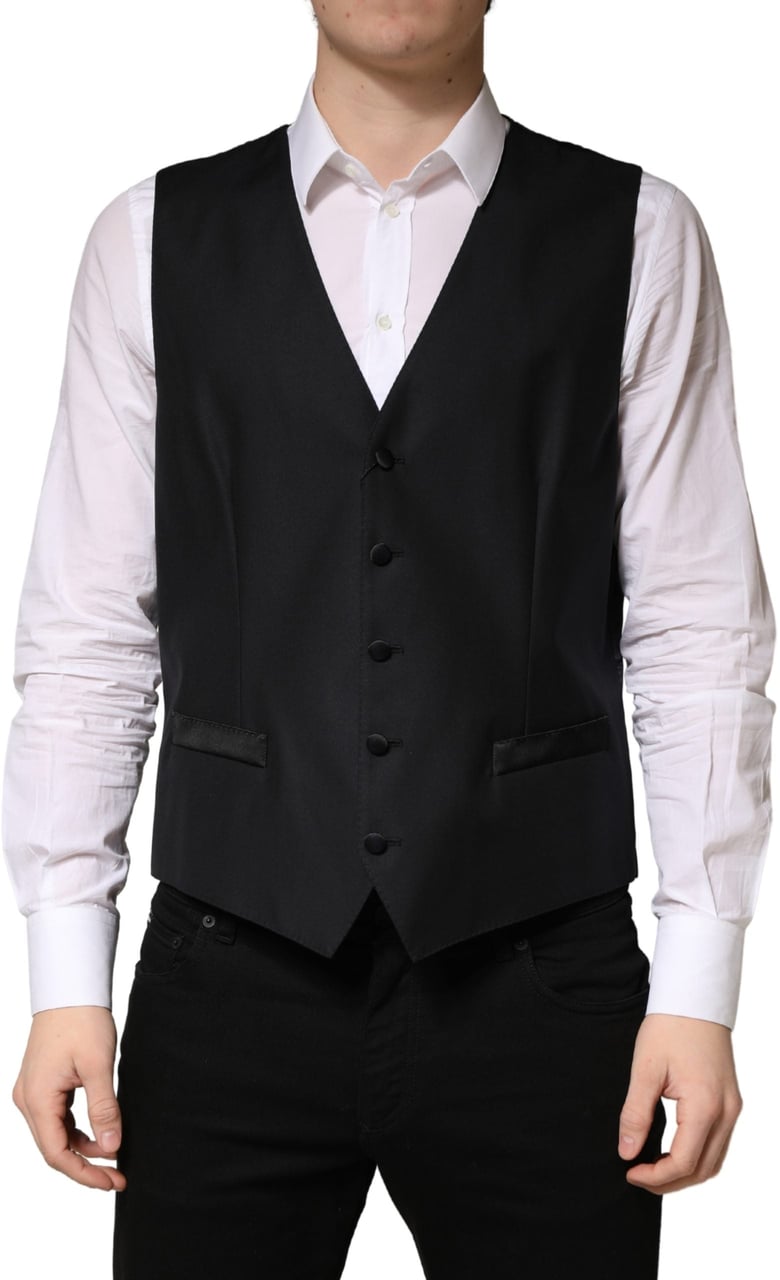 Dolce & Gabbana Black Wool Single Breasted Men Waistcoat Vest Zwart