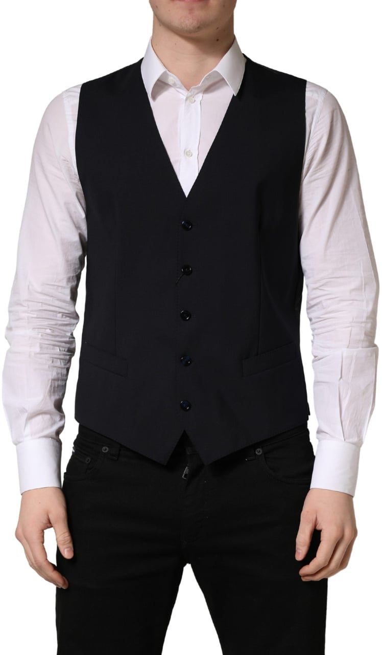 Dolce & Gabbana Black Wool Single Breasted Waistcoat Vest Zwart