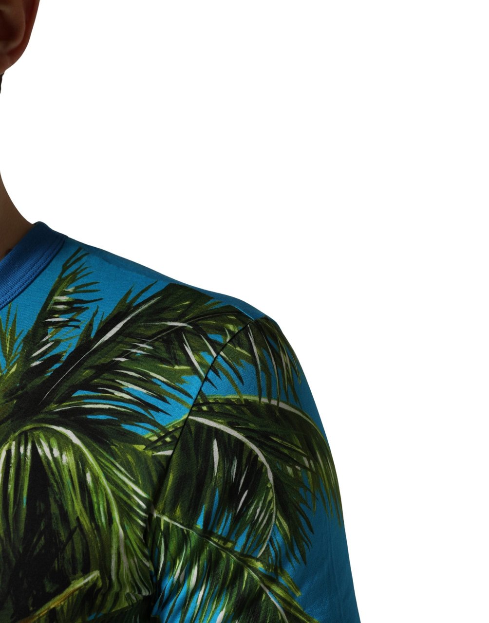 Dolce & Gabbana Blue Palm Tree Print Cotton CrewNeck T-shirt Blauw