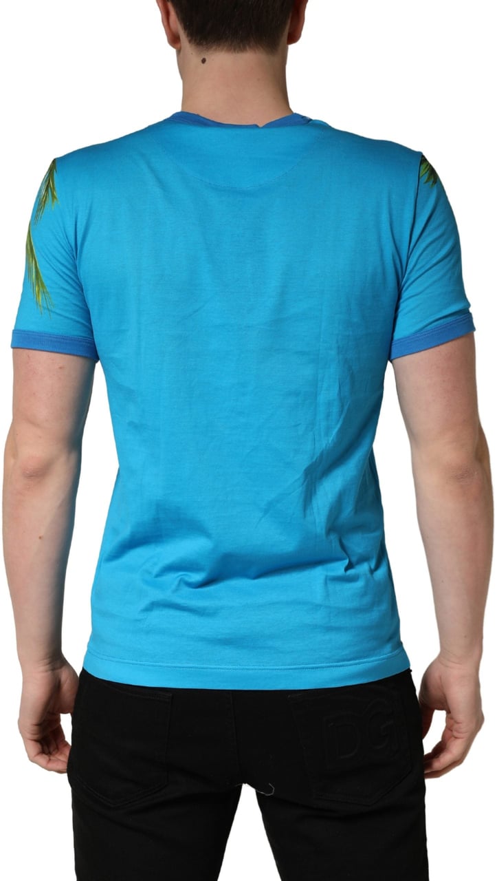 Dolce & Gabbana Blue Palm Tree Print Cotton CrewNeck T-shirt Blauw