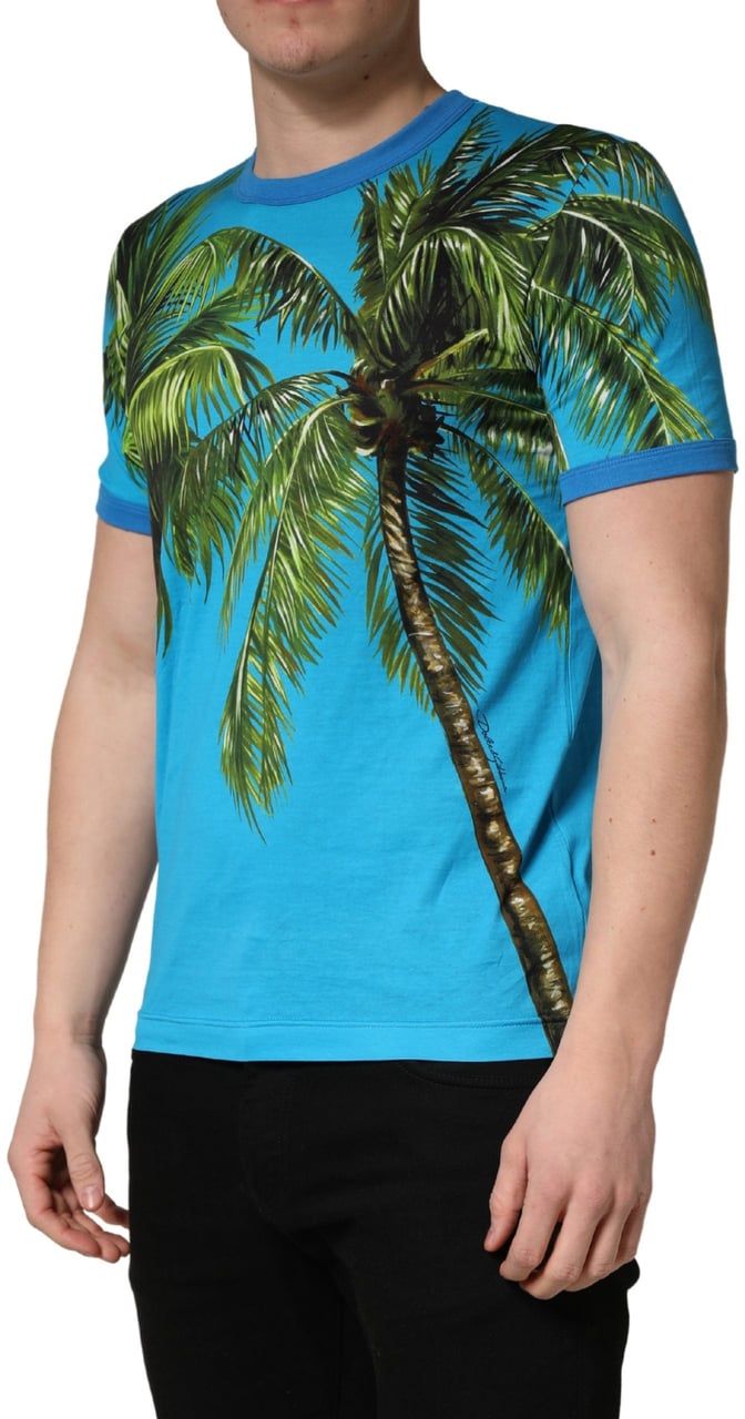 Dolce & Gabbana Blue Palm Tree Print Cotton CrewNeck T-shirt Blauw