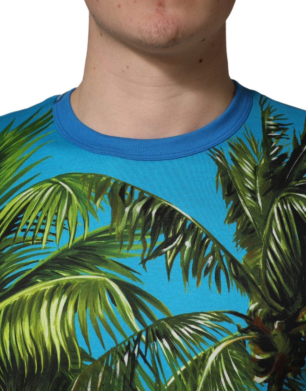 Dolce & Gabbana Blue Palm Tree Print Cotton CrewNeck T-shirt Blauw