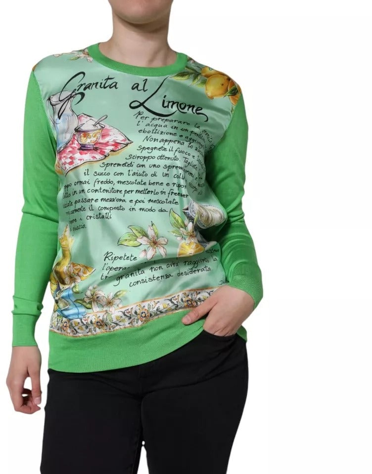 Dolce & Gabbana Green Silk Granita Al Limone Long Sleeves Sweater Groen
